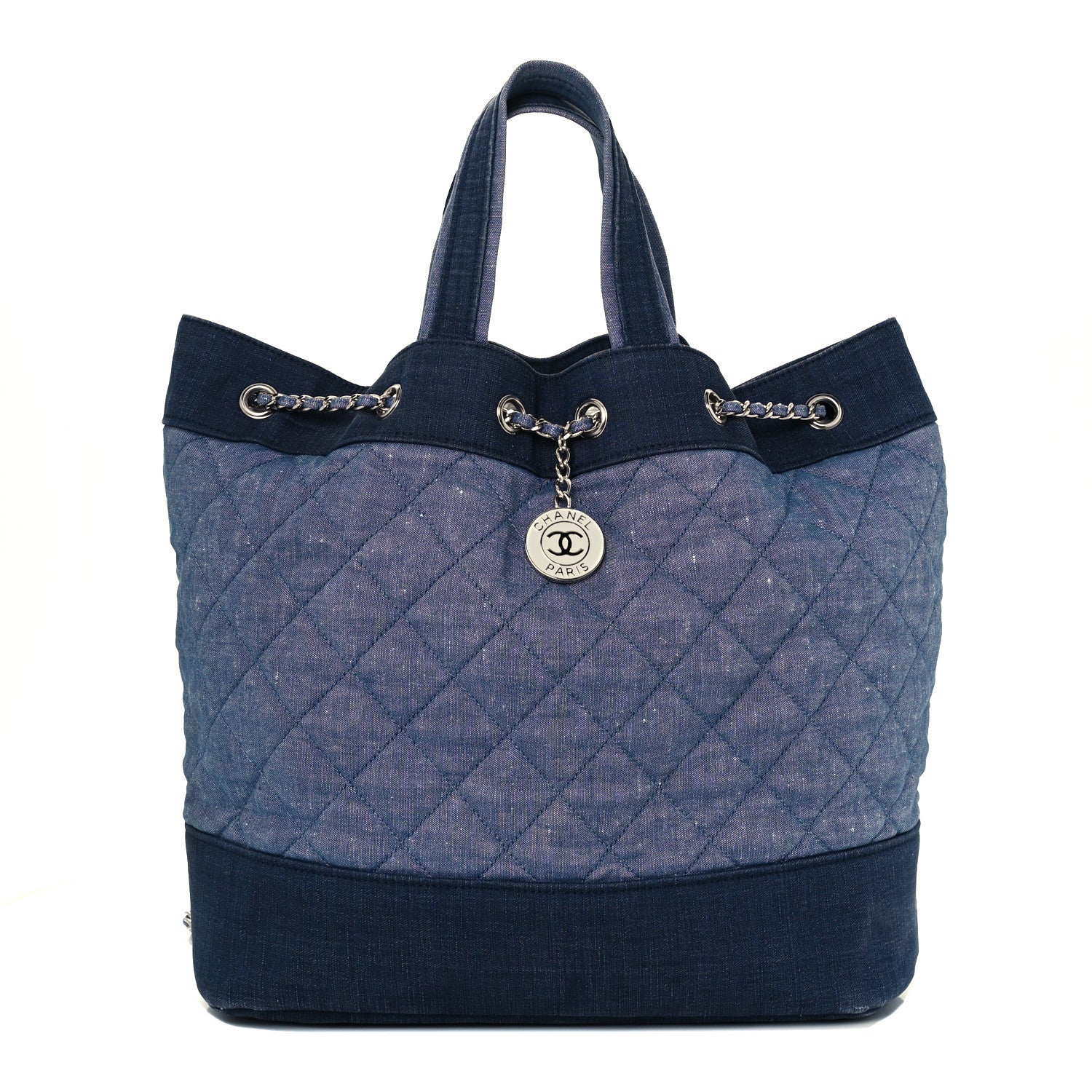 Chanel Denim Medallion Quilted Drawstring Bag Blue 3 of 13
