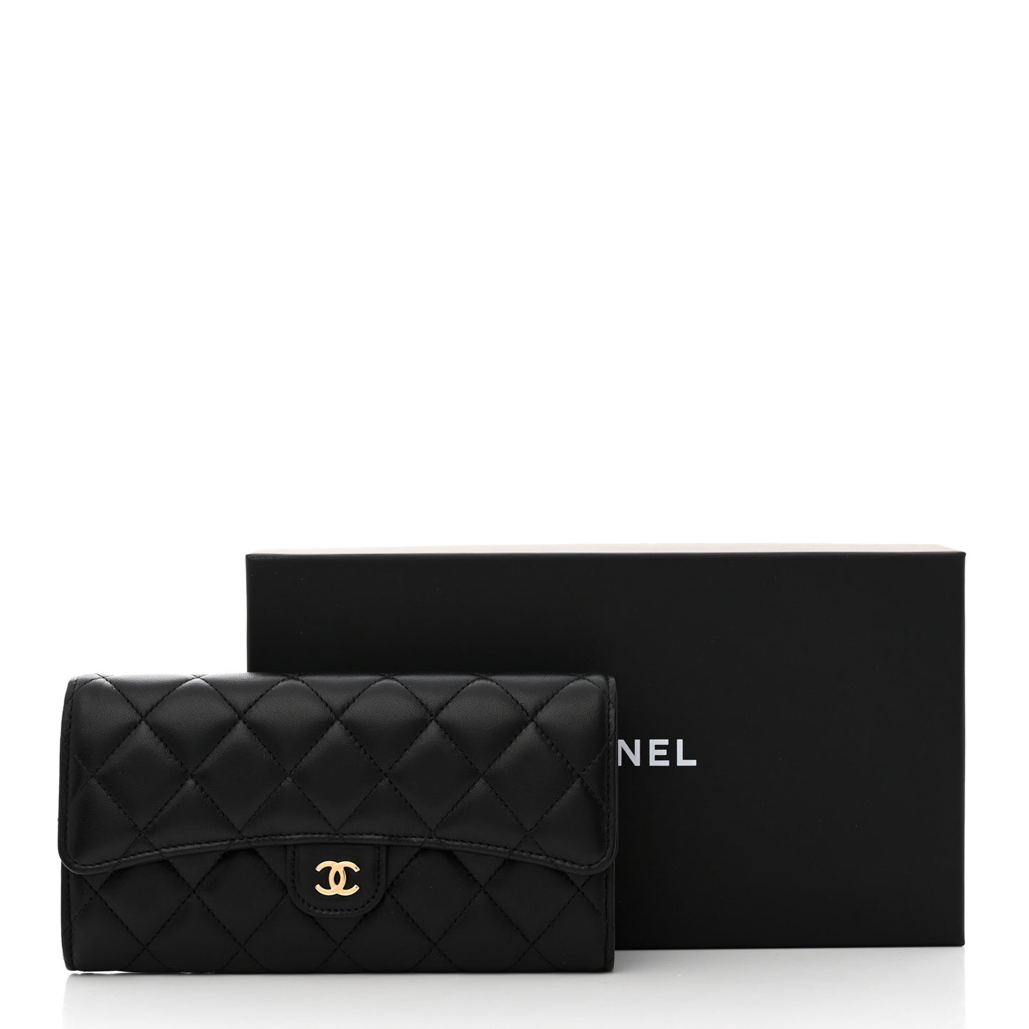 Lambskin Quilted Large Flap Gusset Wallet Black