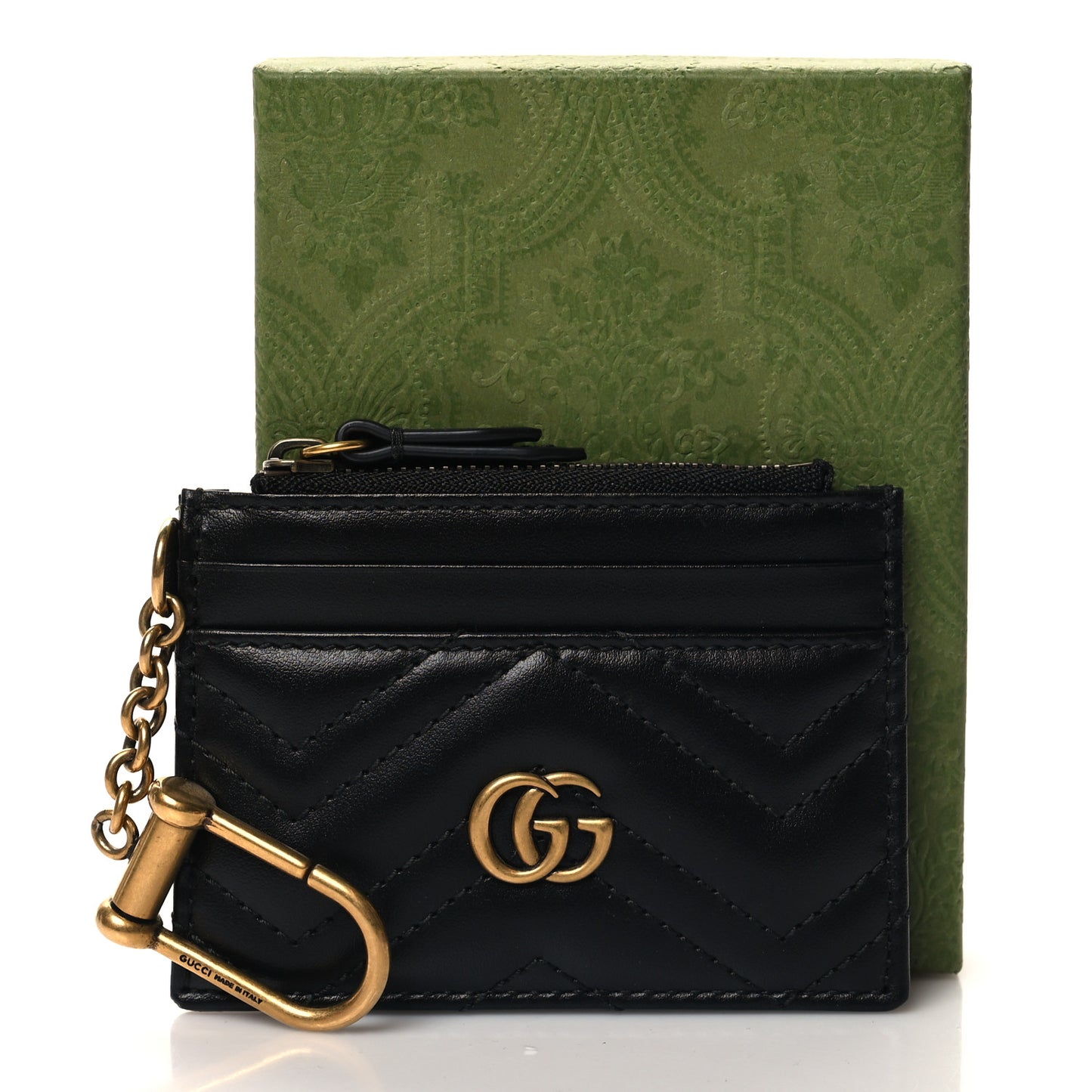 Calfskin Matelasse Chevron GG Marmont Key Case Card Holder Black