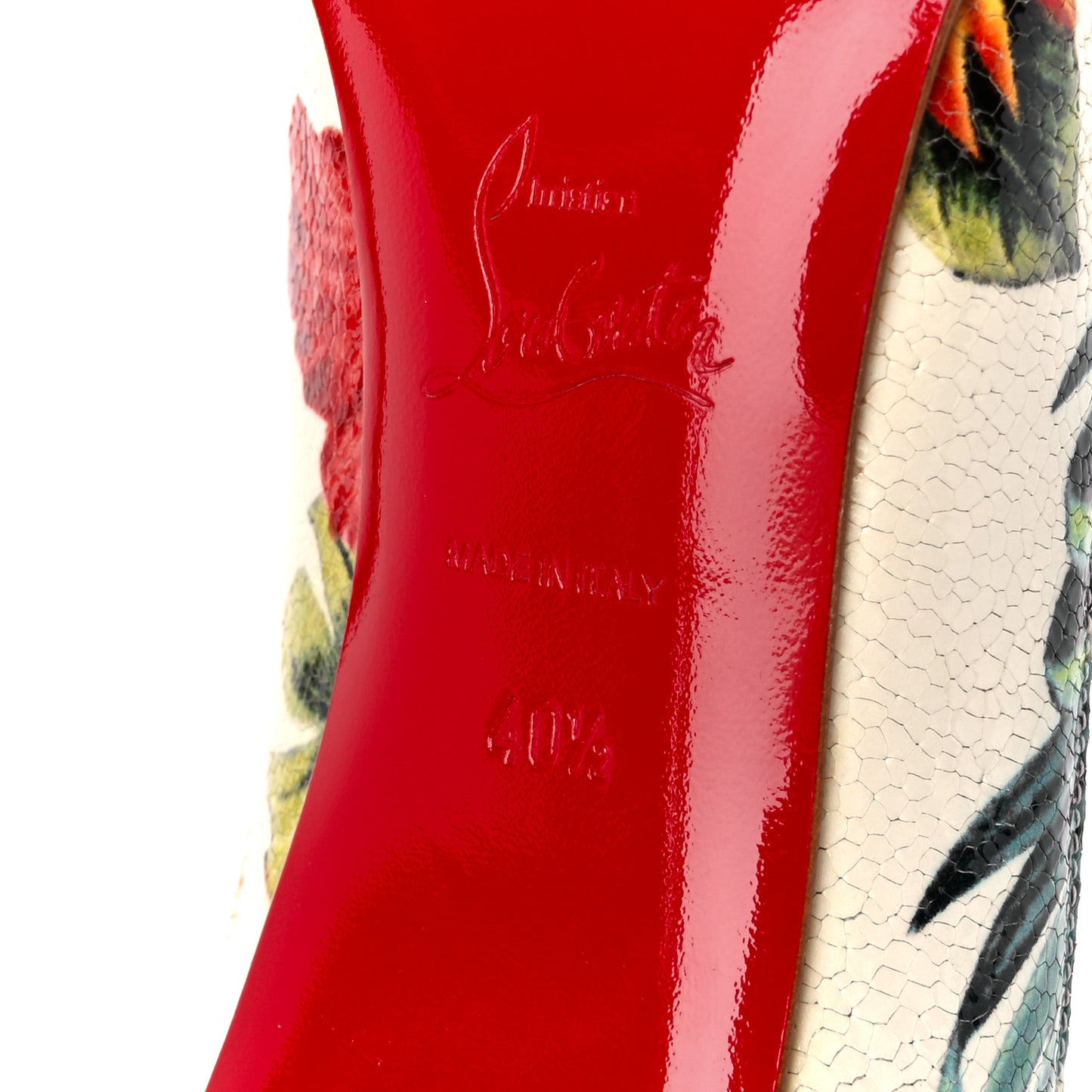 Crackled Calfskin Hawaiian Print Pigalle Follies 100 Pumps 40.5 White
