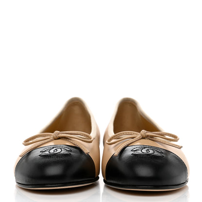 Chanel Lambskin Cap Toe CC Ballerina Flats 37.5 Beige Black 2 of 9