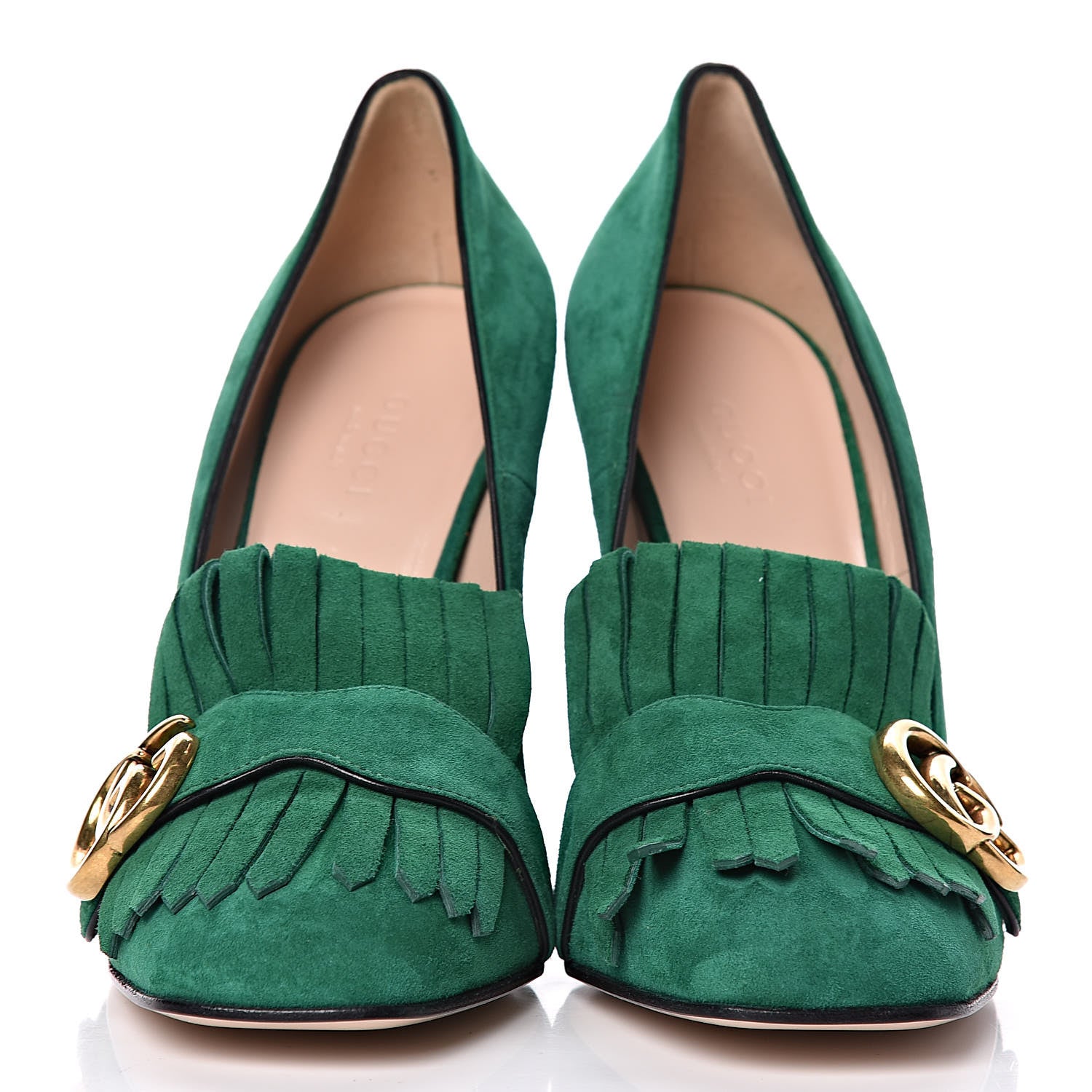 Gucci Kid Scamosciato GG Marmont Fringe 105mm Loafer Pumps 37 Emerald 2 of 10