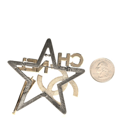 Chanel Ruthenium Crystal Pearl Logo Star Brooch Silver Gold 2 of 3