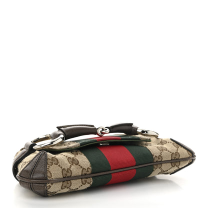 Gucci Monogram Textured Dollar Calfskin Heavy Grosgrain Web Medium Maxi Horsebit Chain Shoulder Bag Beige Ebony New Acero 4 of 11