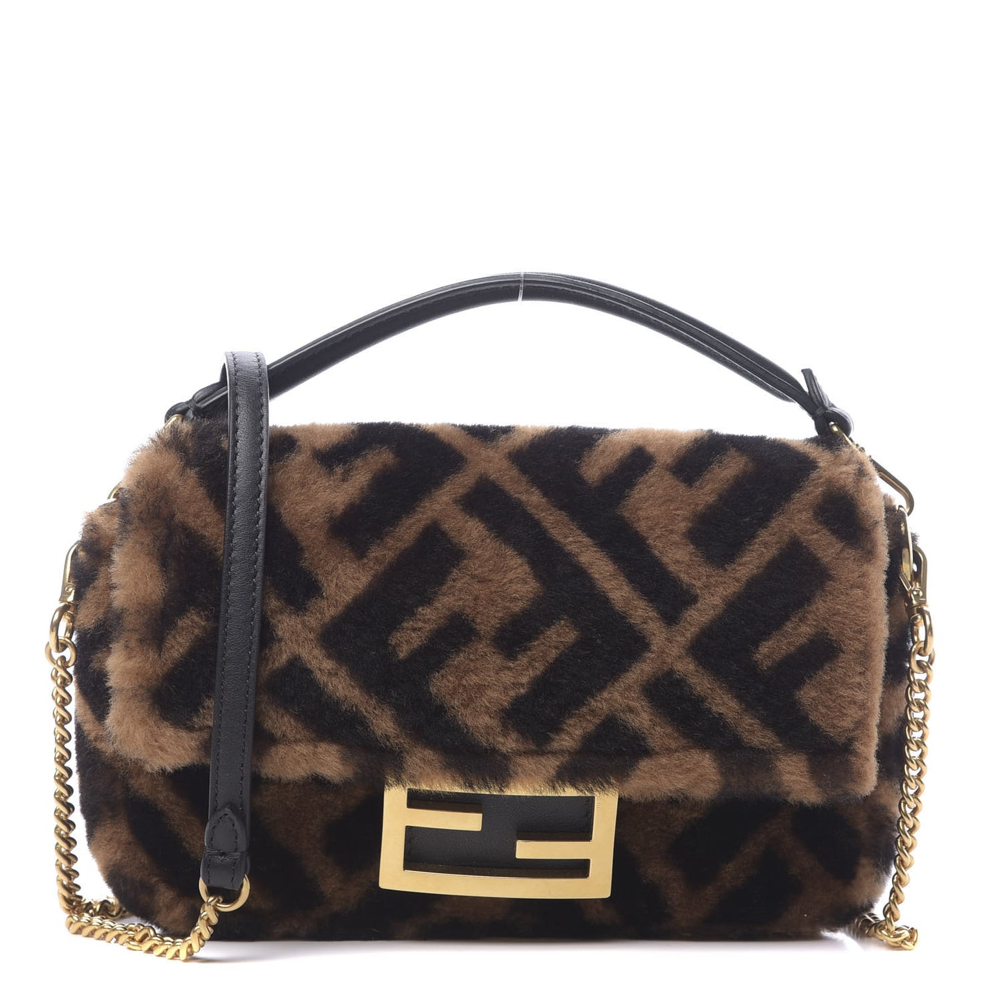 Shearling Vitello Dolce Macro FF 1974 Mini Baguette Tobacco Black