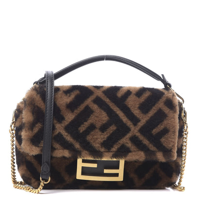 Fendi Shearling Vitello Dolce Macro FF 1974 Mini Baguette Tobacco Black 1 of 11