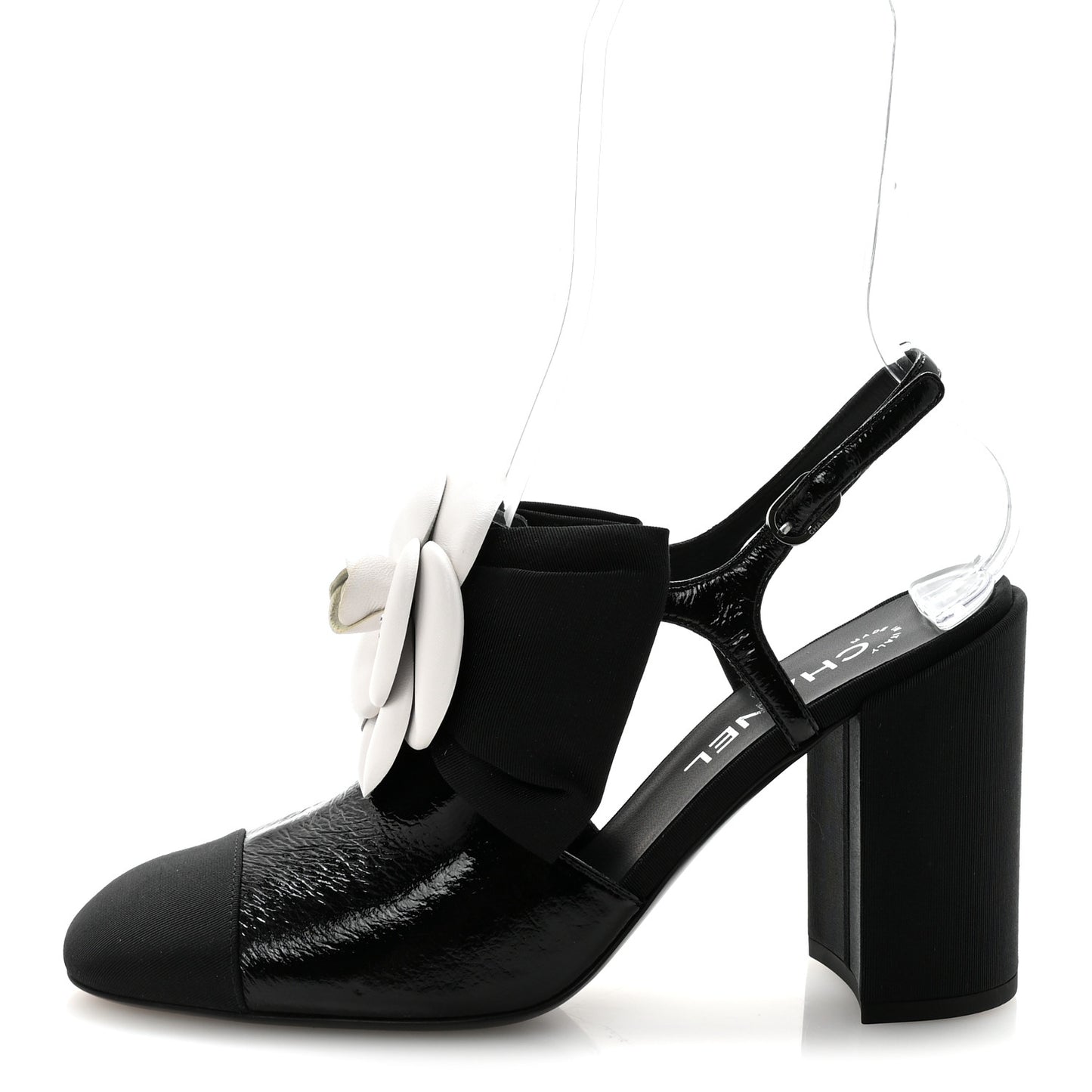 Crumpled Shiny Fabric Grosgrain Cap Toe Camellia Bow Slingback Pumps 39 Black