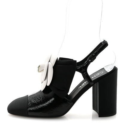 Chanel Crumpled Shiny Fabric Grosgrain Cap Toe Camellia Bow Slingback Pumps 39 Black 1 of 18