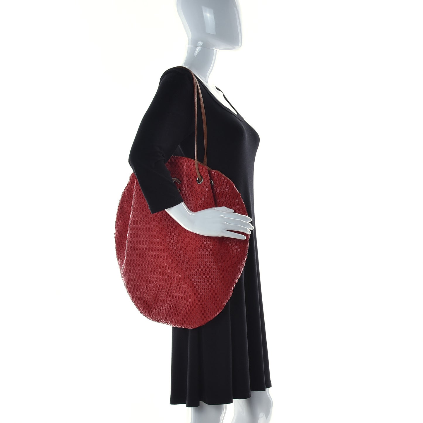 Perforated Calfskin Drawstring Tote Red