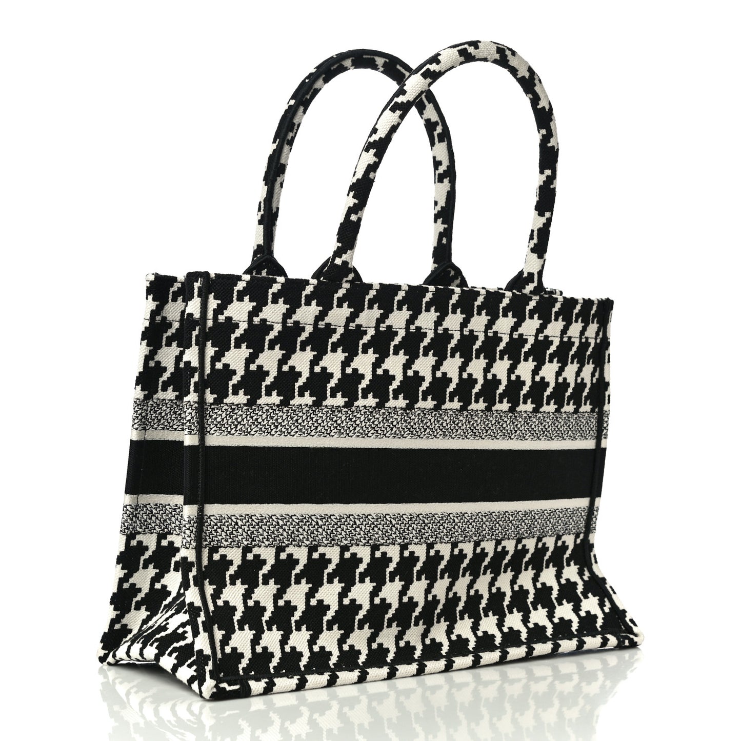 Canvas Macro Houndstooth Embroidered Medium Book Tote Black White