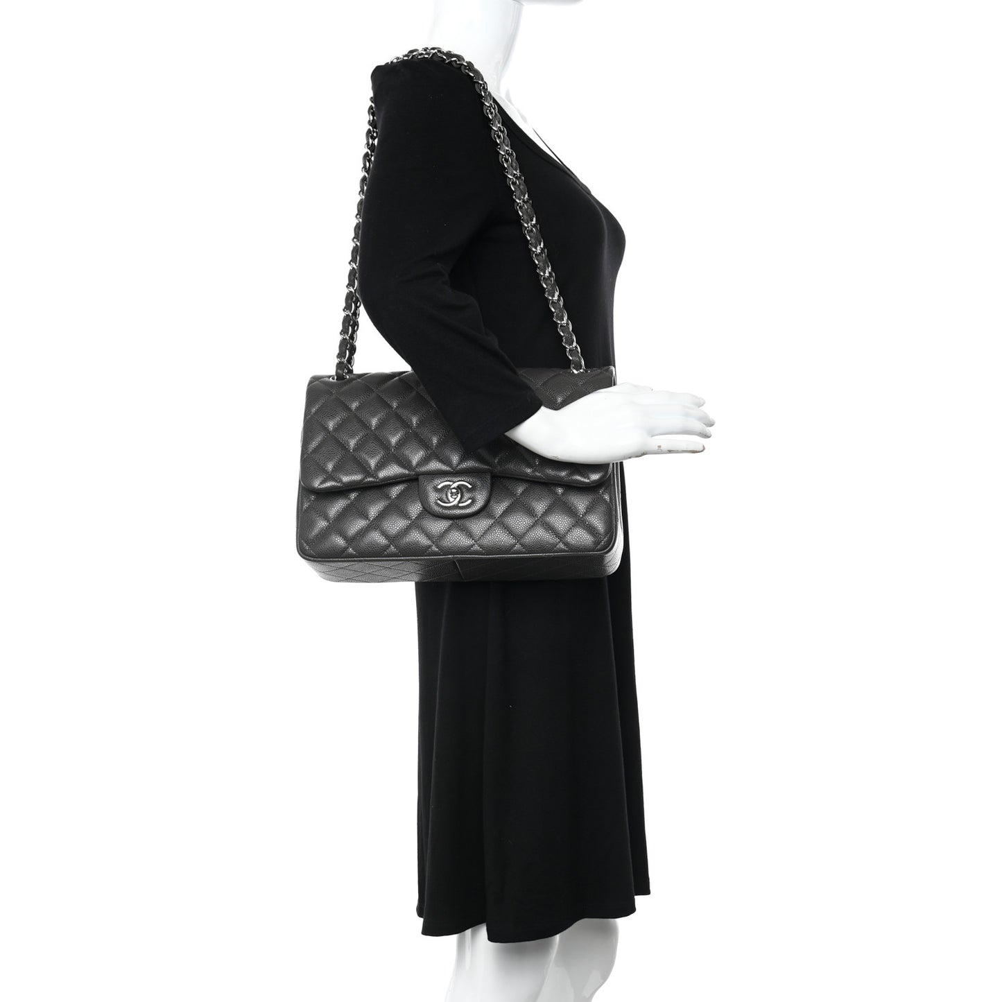 Caviar Quilted Jumbo Double Flap Dark Grey