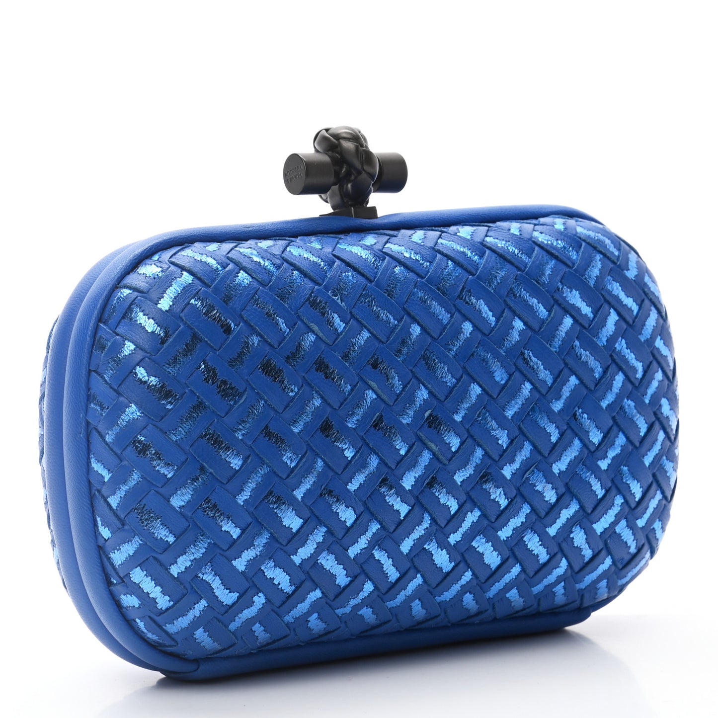 Nappa Intrecciato Metallic Placcato Knot Clutch Signal Blue