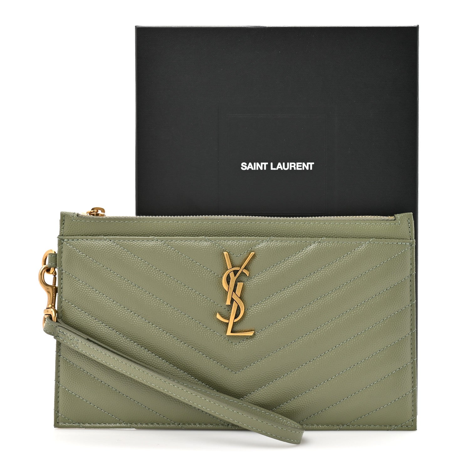 Saint Laurent Grain De Poudre Chevron Monogram Large Bill Pouch Light Sage 10 of 10