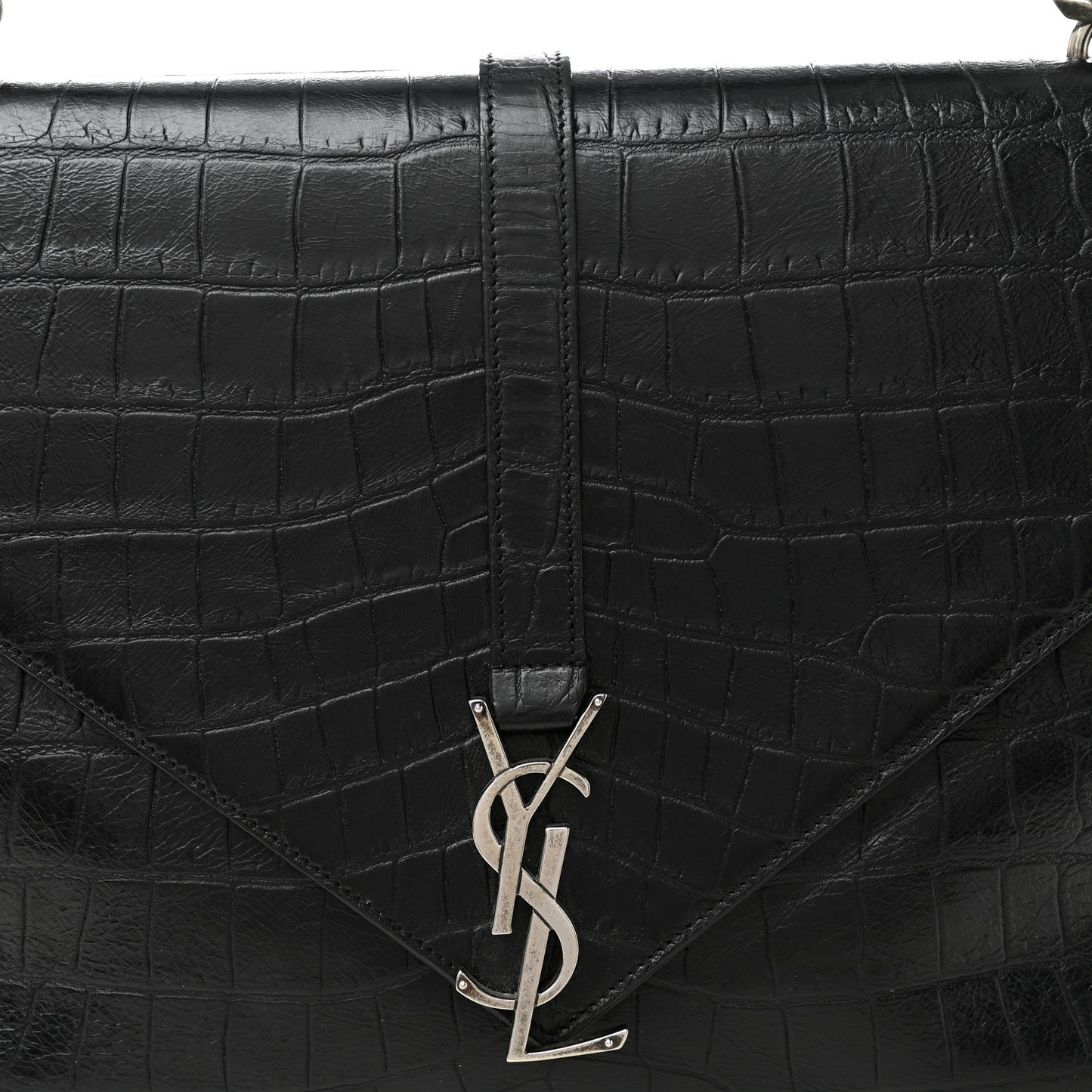 Calfskin Crocodile Embossed Large College Monogram Satchel Black