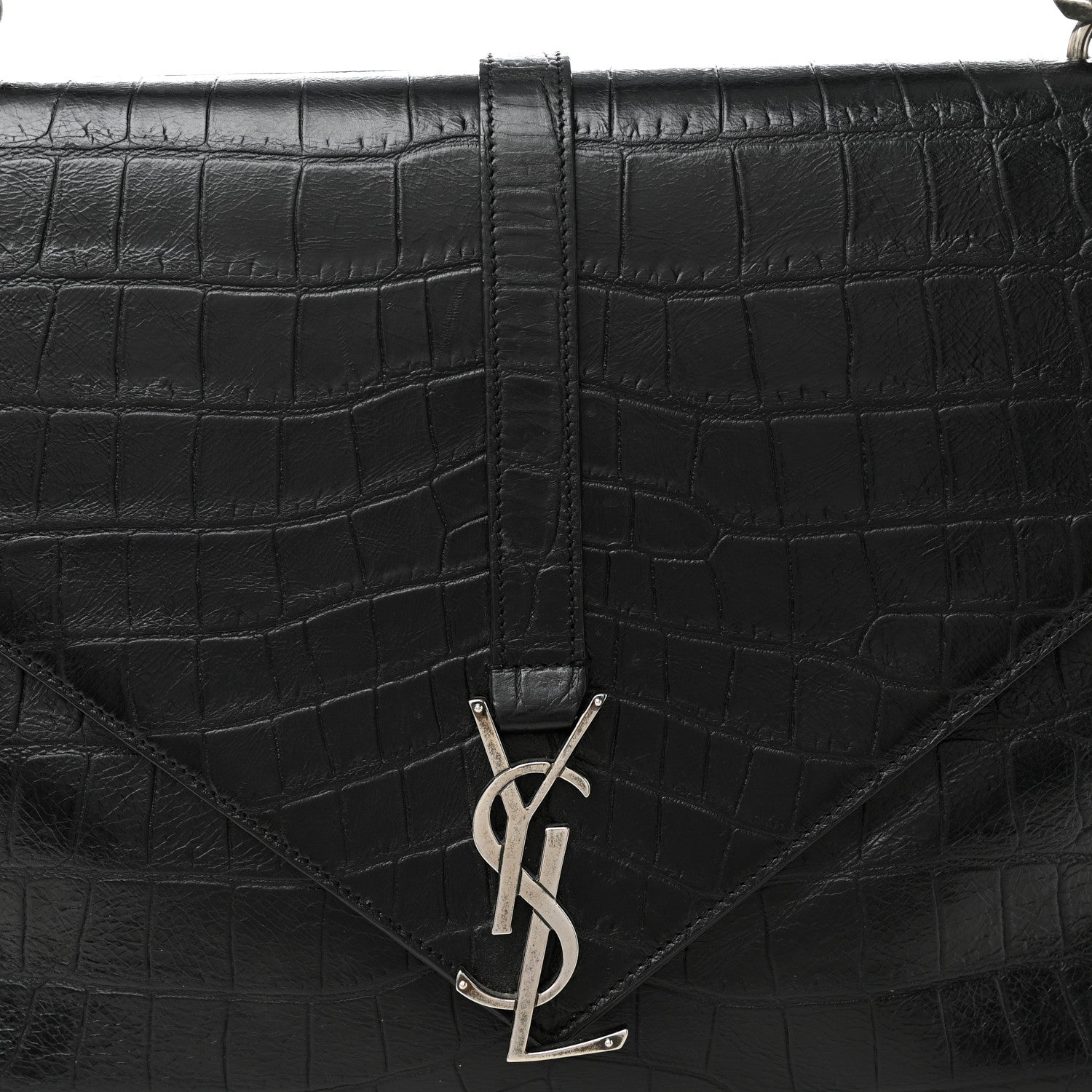 Saint Laurent Calfskin Crocodile Embossed Large College Monogram Satchel Black 9 of 11