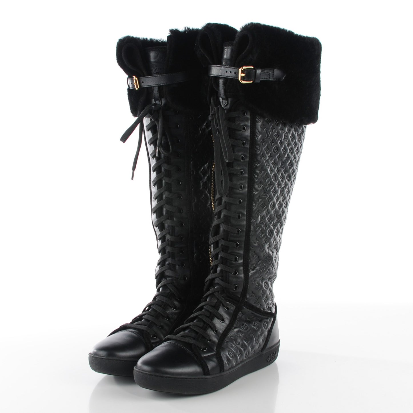 Calfskin Embossed Lamb Fur Polka Tall Boots 41 Black