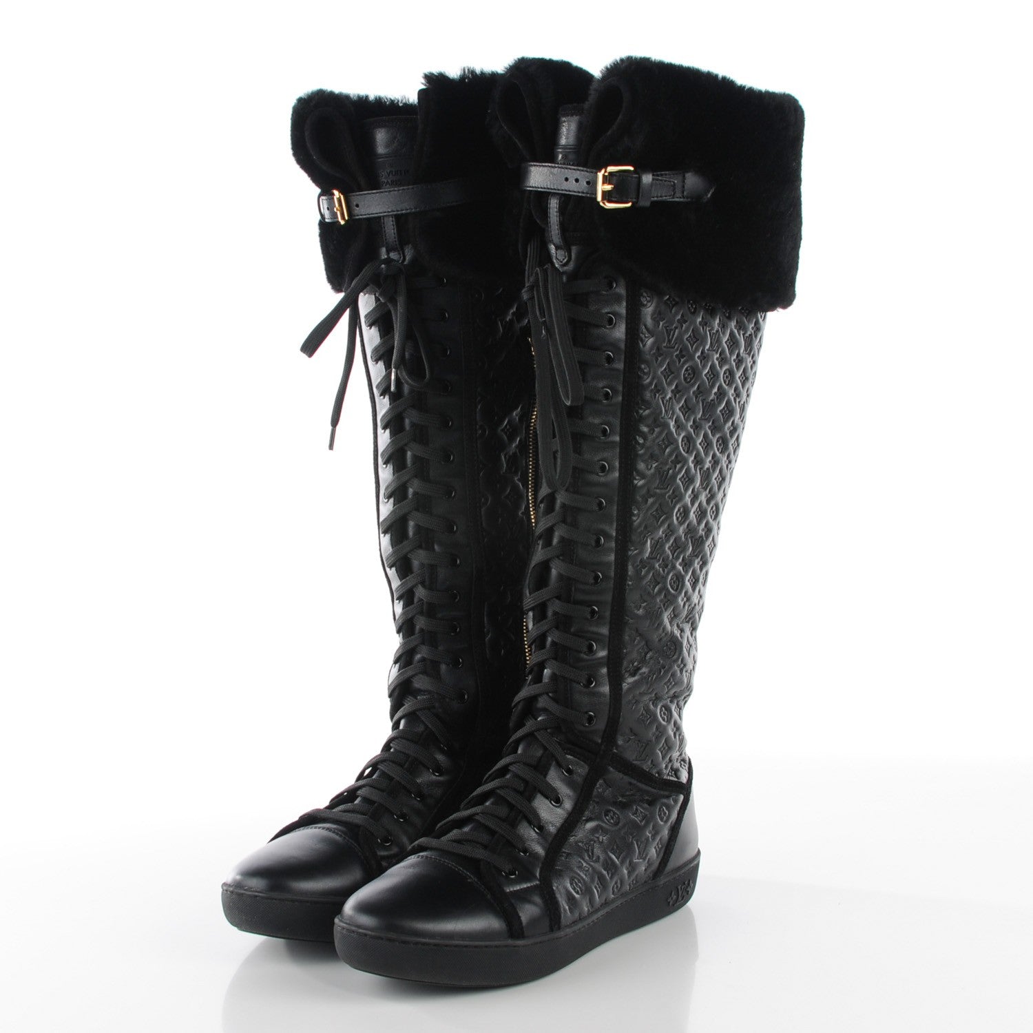 Louis Vuitton Calfskin Embossed Lamb Fur Polka Tall Boots 41 Black 4 of 18