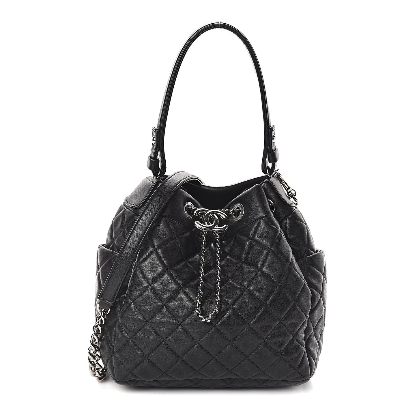 Lambskin Quilted Mini CC Chain Bucket Bag Black
