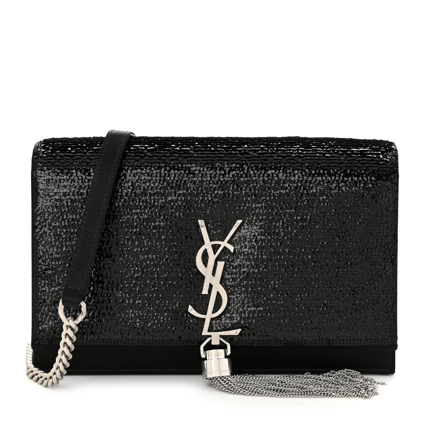 Satin Sequins Classic Monogram Kate Tassel Chain Wallet Black