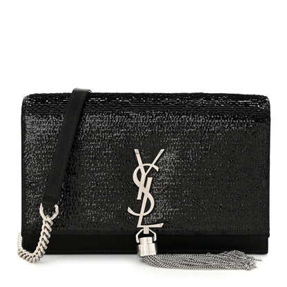 Saint Laurent Satin Sequins Classic Monogram Kate Tassel Chain Wallet Black 1 of 9