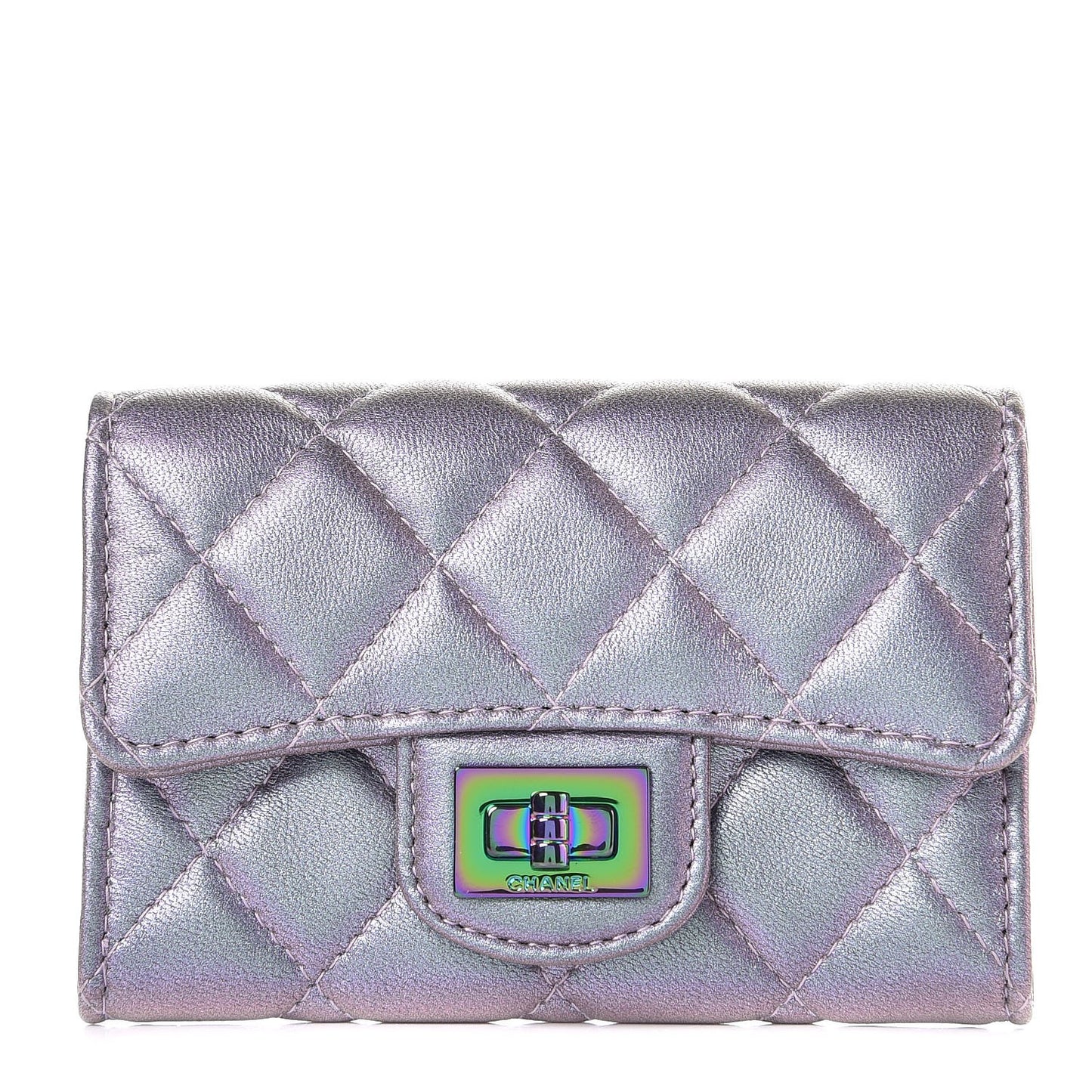 Iridescent Lambskin Quilted Reissue Flap Card Holder Light Purple