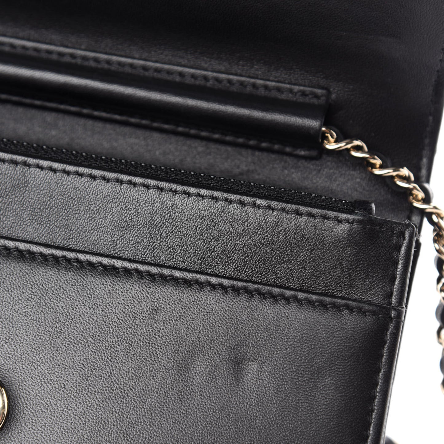 Patent Lambskin Quilted Wallet On Chain WOC Black