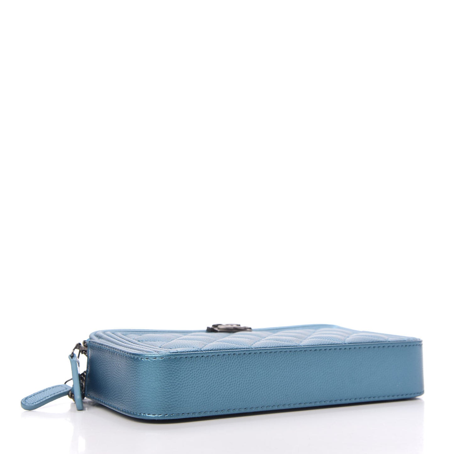 Metallic Caviar Quilted Small Boy Clutch With Chain Turquoise