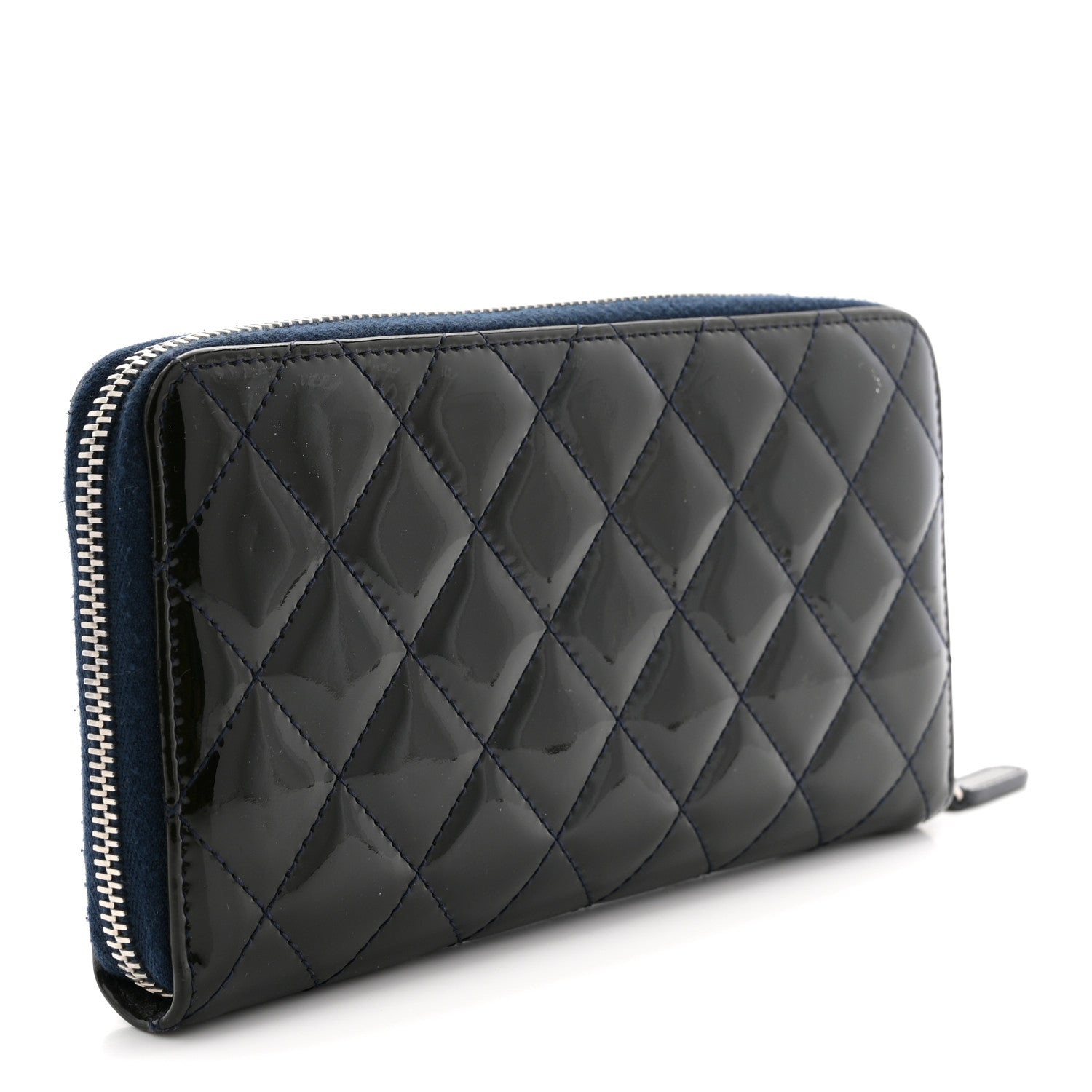 Chanel Patent Quilted Zip Around Wallet Dark Blue 1859974