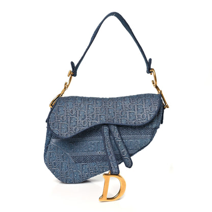 Christian Dior Oblique Embroidered Saddle Bag Denim Blue 1 of 10