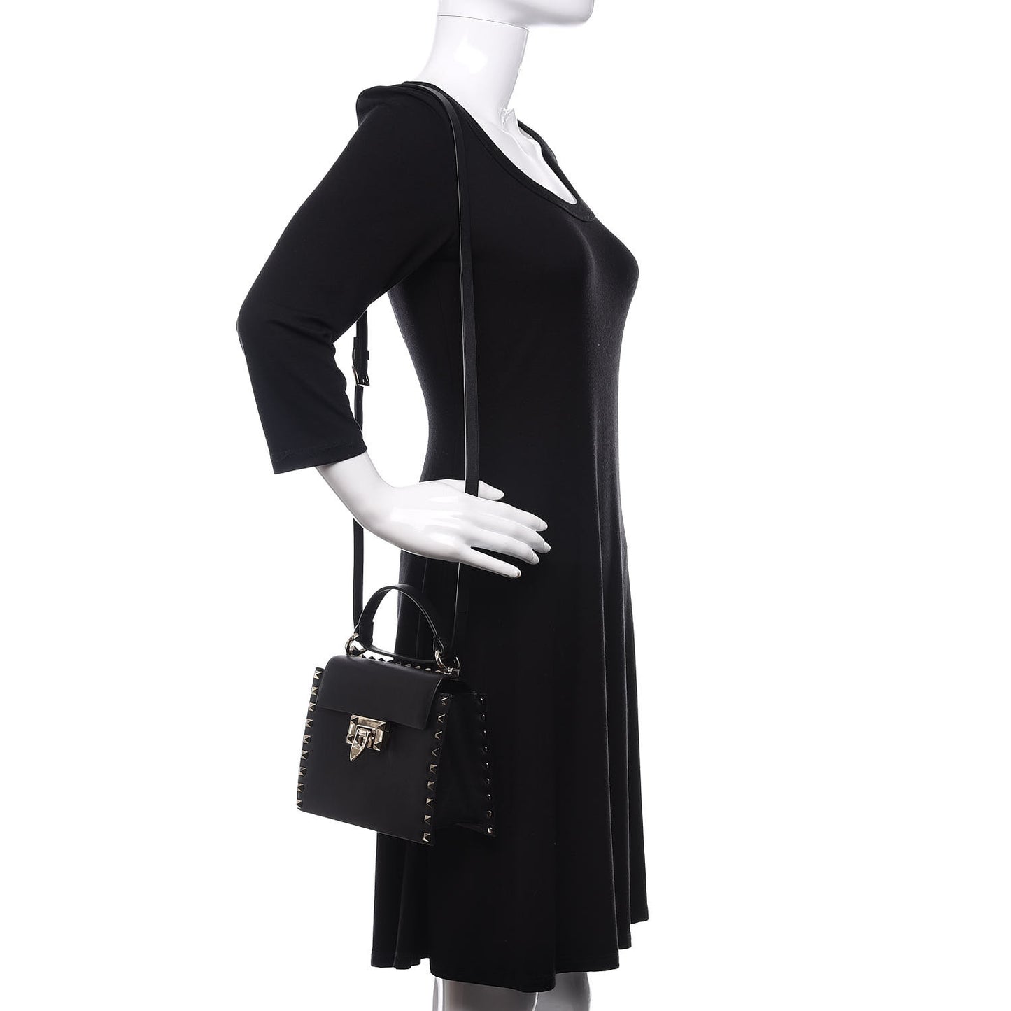 Vitello Rockstud Overlay Flap Top Handle Bag Black