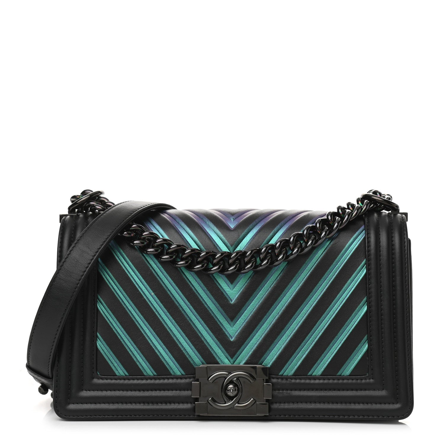 Chanel Calfskin Painted Chevron Embossed Medium Boy Flap Black 1 of 7