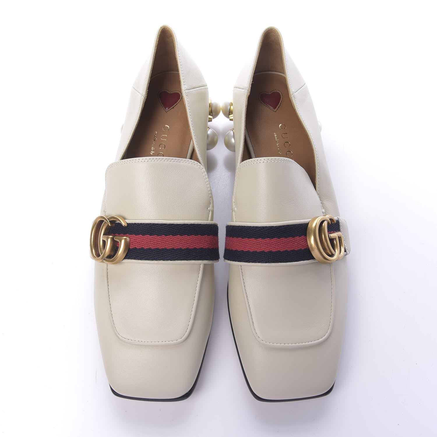Gucci Betis Glamour Calfskin Web Pearl Embellished Peyton 35mm Loafer Pumps 37 Mystic White 5 of 12