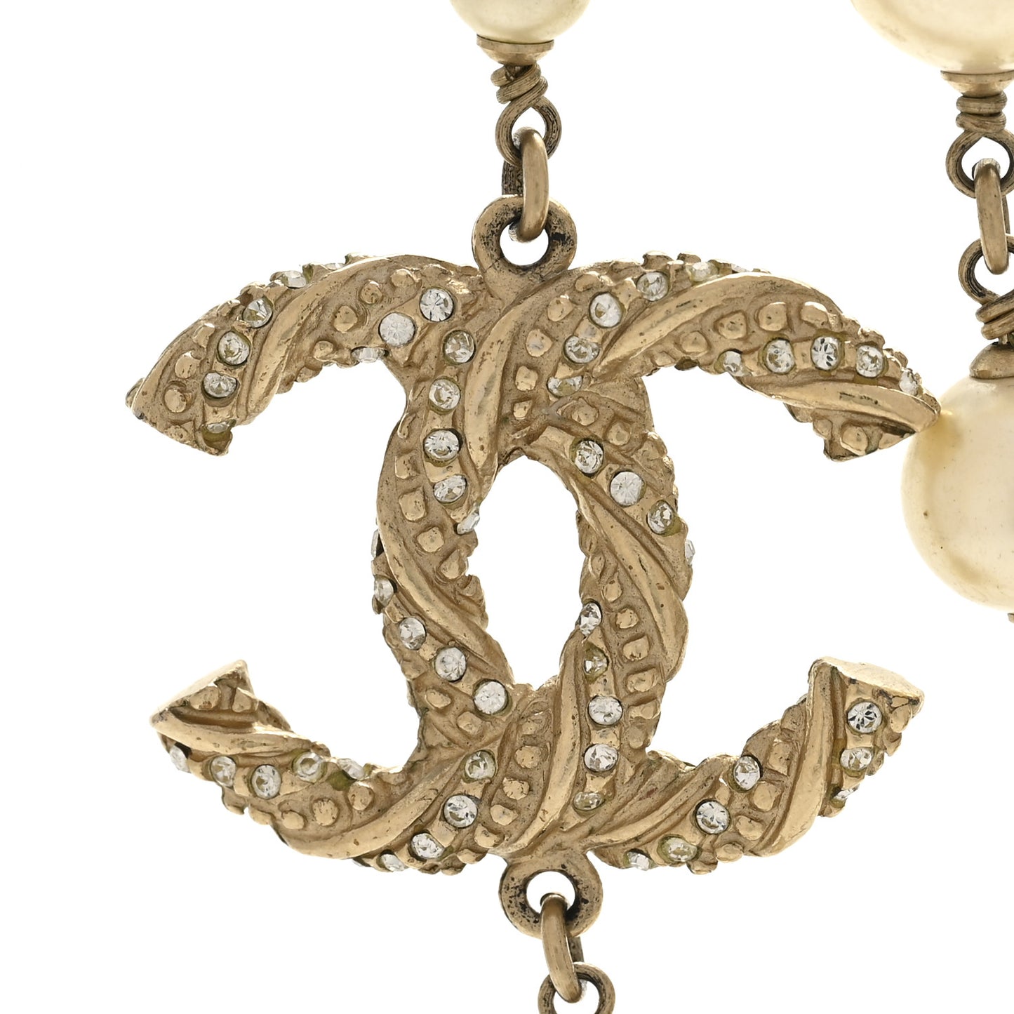 Graduated Pearl Crystal Twisted CC Long Necklace Gold