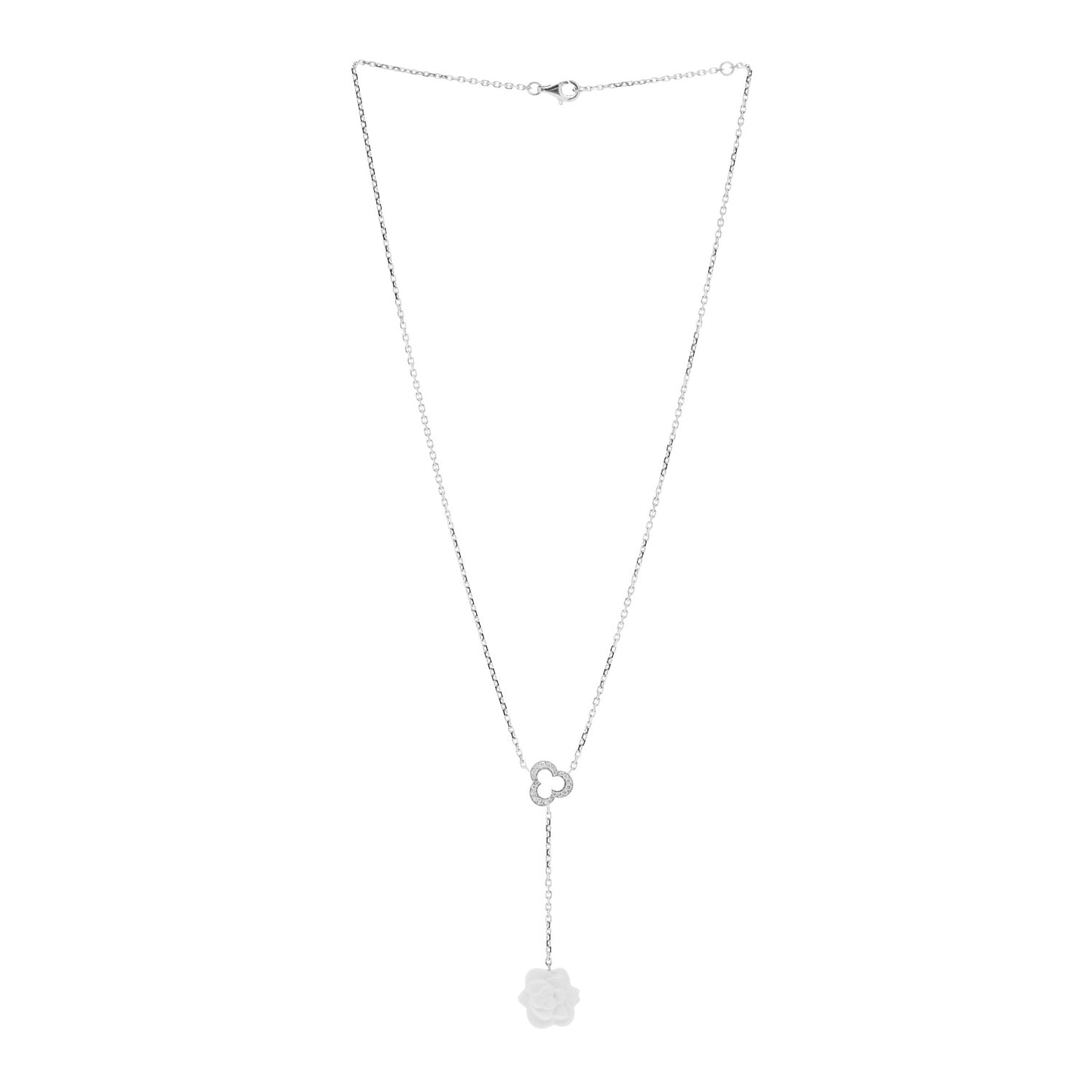 18K White Gold Diamond Agate Camelia Sculpte Pendant Necklace