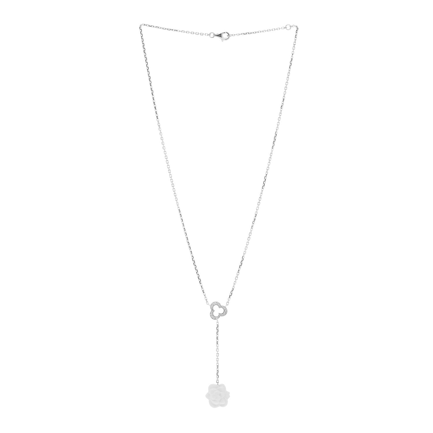 Chanel 18K White Gold Diamond Agate Camelia Sculpte Pendant Necklace 3 of 4