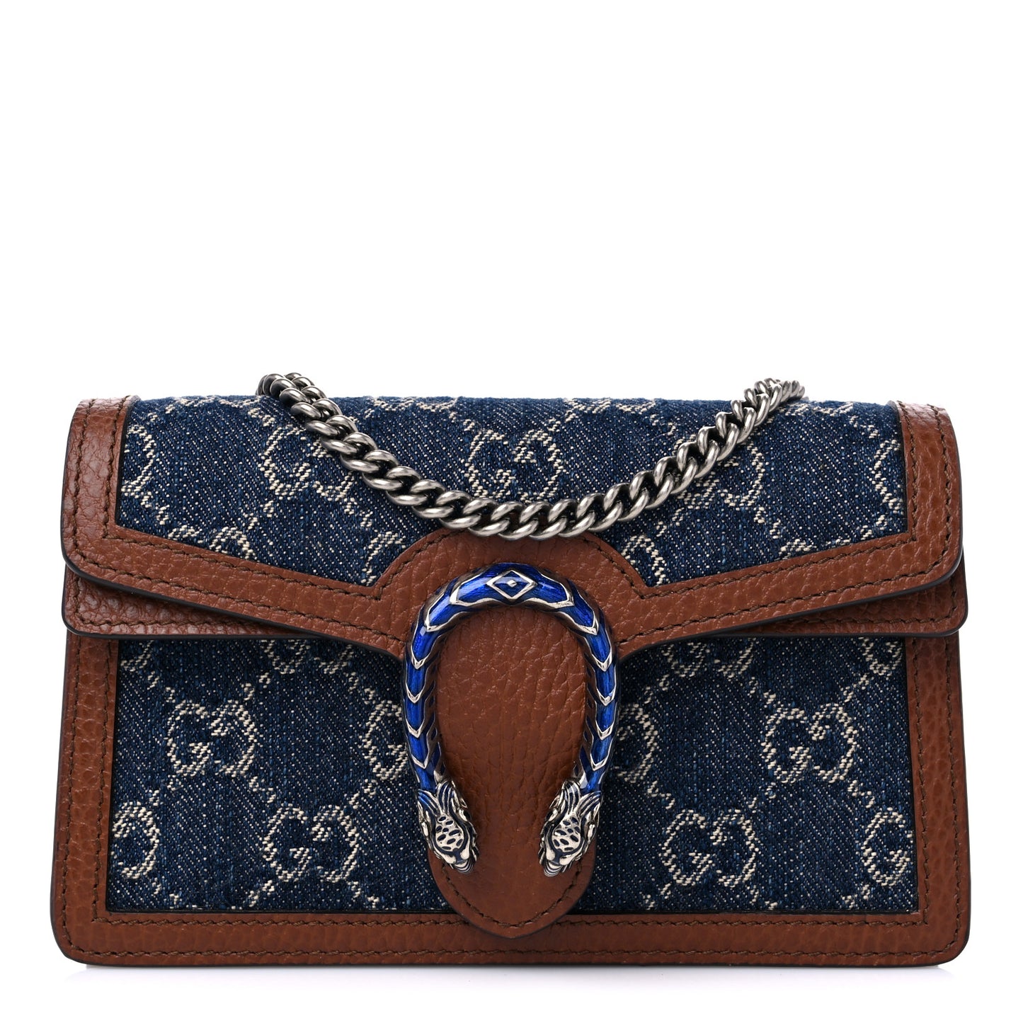 New Denim GG Monogram Dollar Calfskin Enamel Super Mini Dionysus Shoulder Bag Blue Tea Cuir Epilog Electric Blue