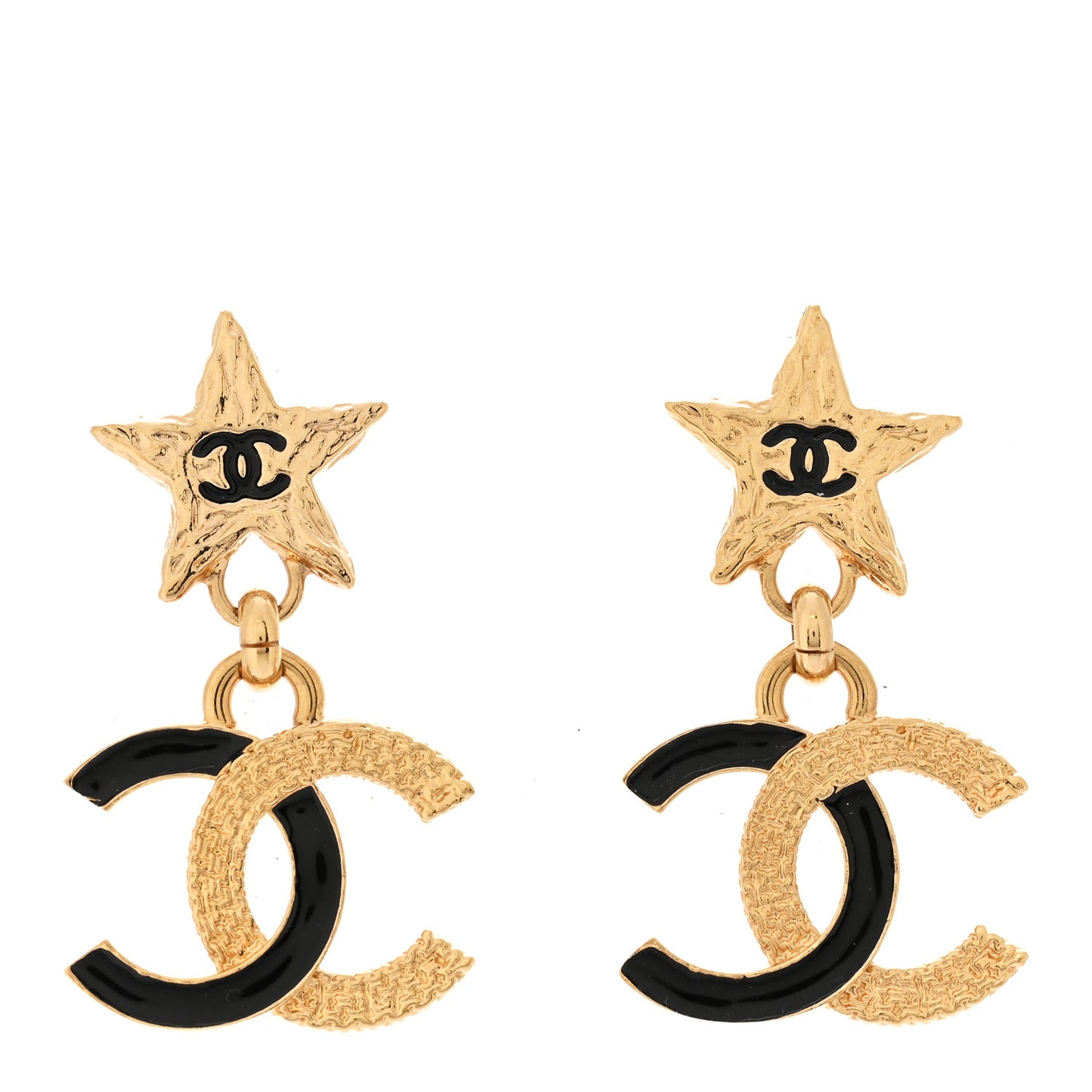 Metal Enamel CC Star Drop Earrings Gold Black