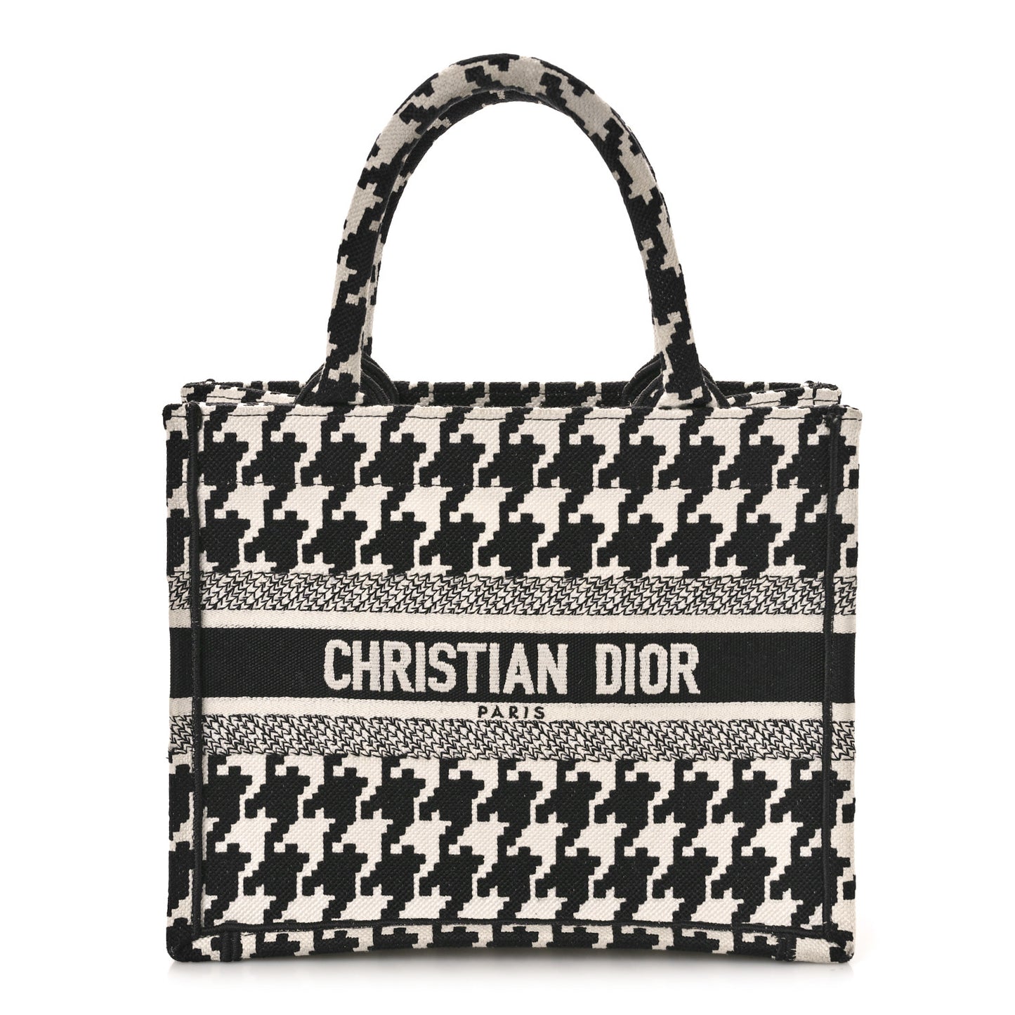 CHRISTIAN DIOR Canvas Houndstooth Embroidered Small Book Tote Black White