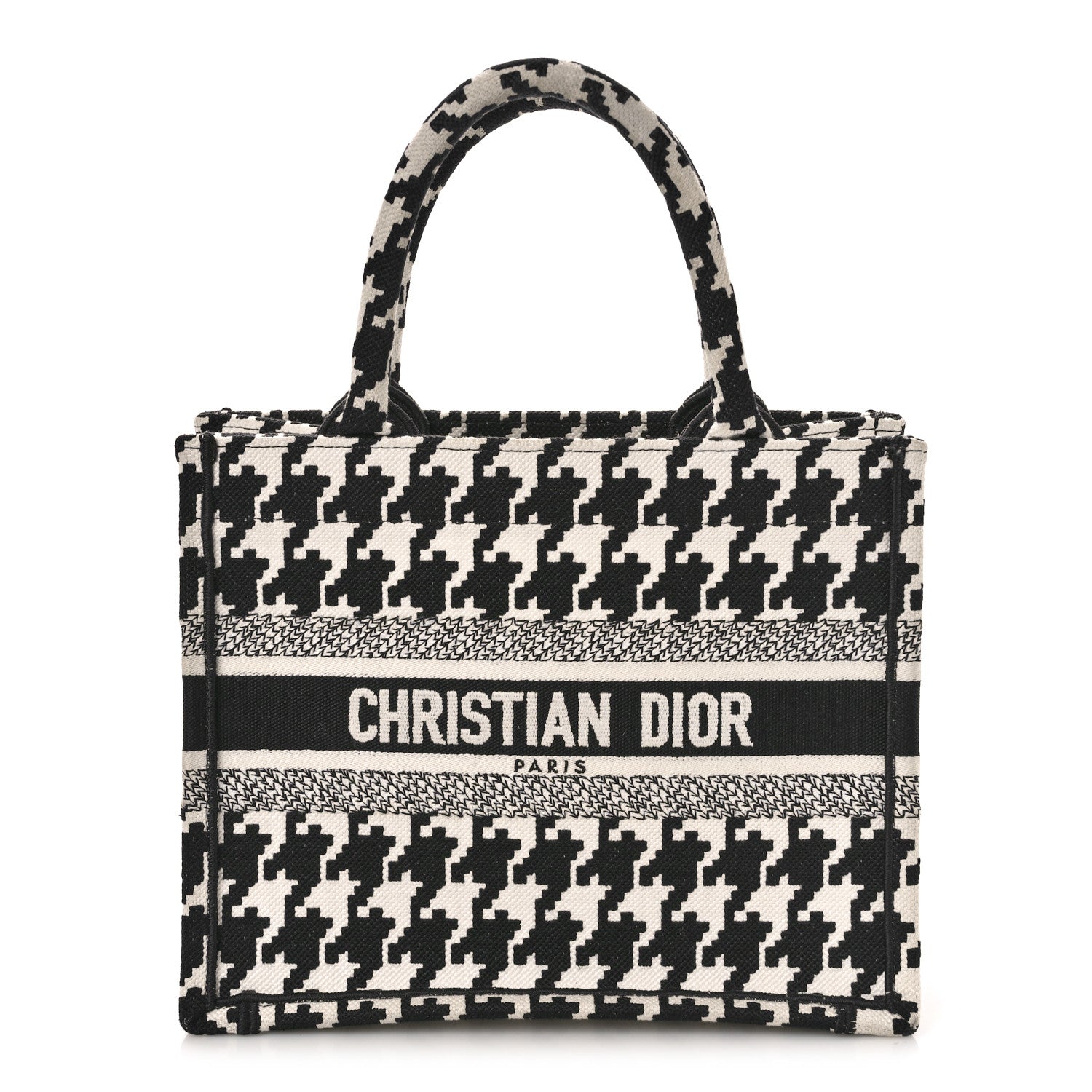 Christian Dior CHRISTIAN DIOR Canvas Houndstooth Embroidered Small Book Tote Black White 1 of 11