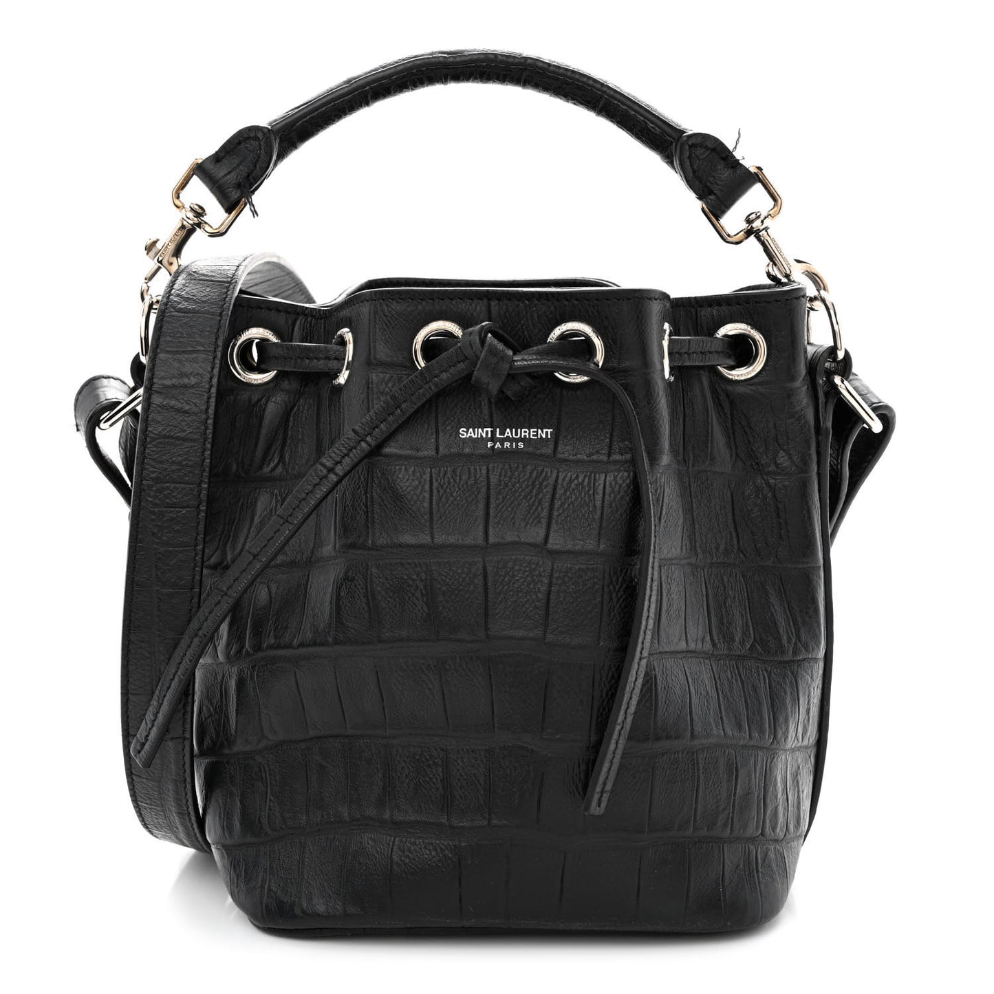 Calfskin Crocodile Embossed Small Emmanuelle Bucket Bag Black