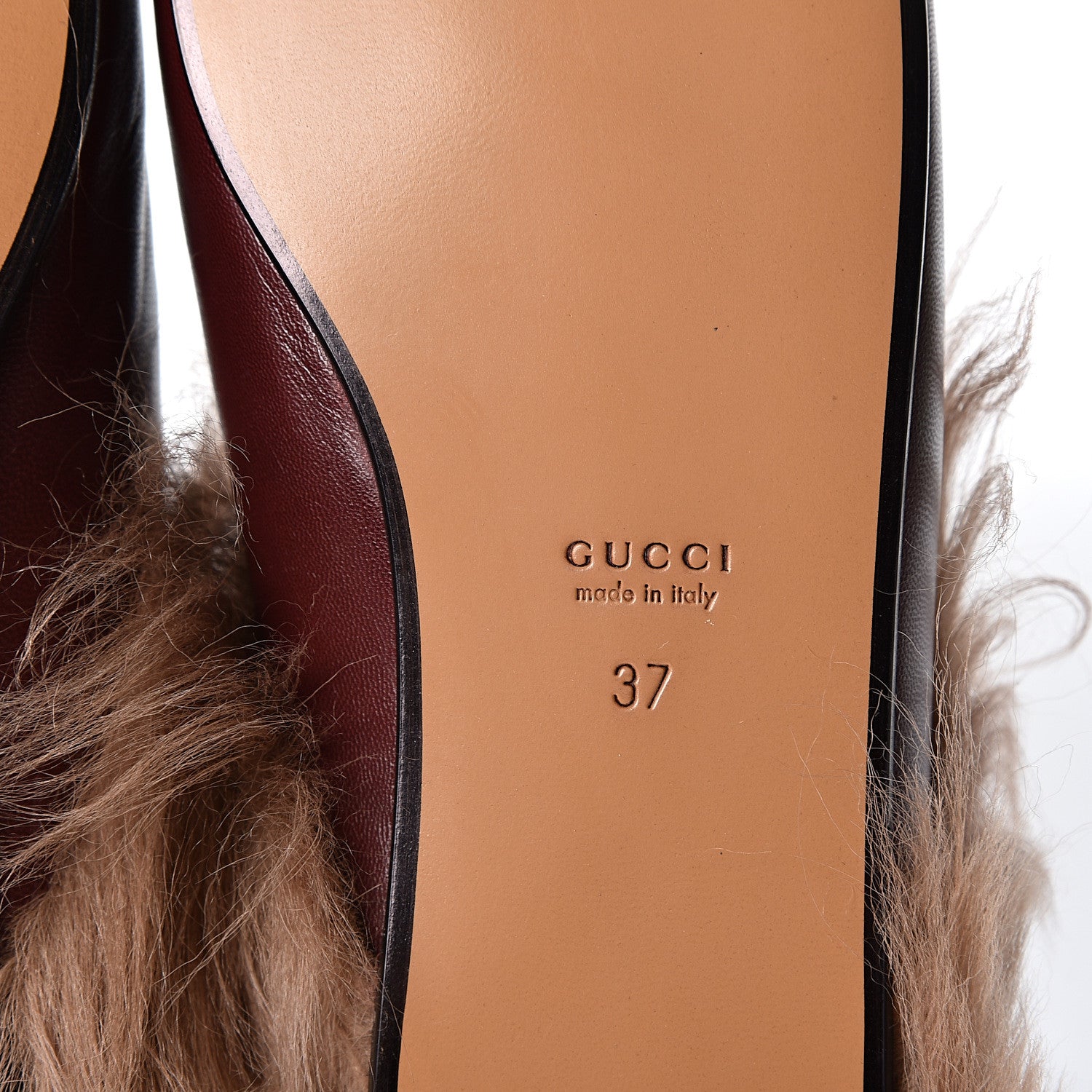 Gucci Malaga Kid Fur Womens Princetown Slippers 37 Vintage Bordeaux Naturale 8 of 9