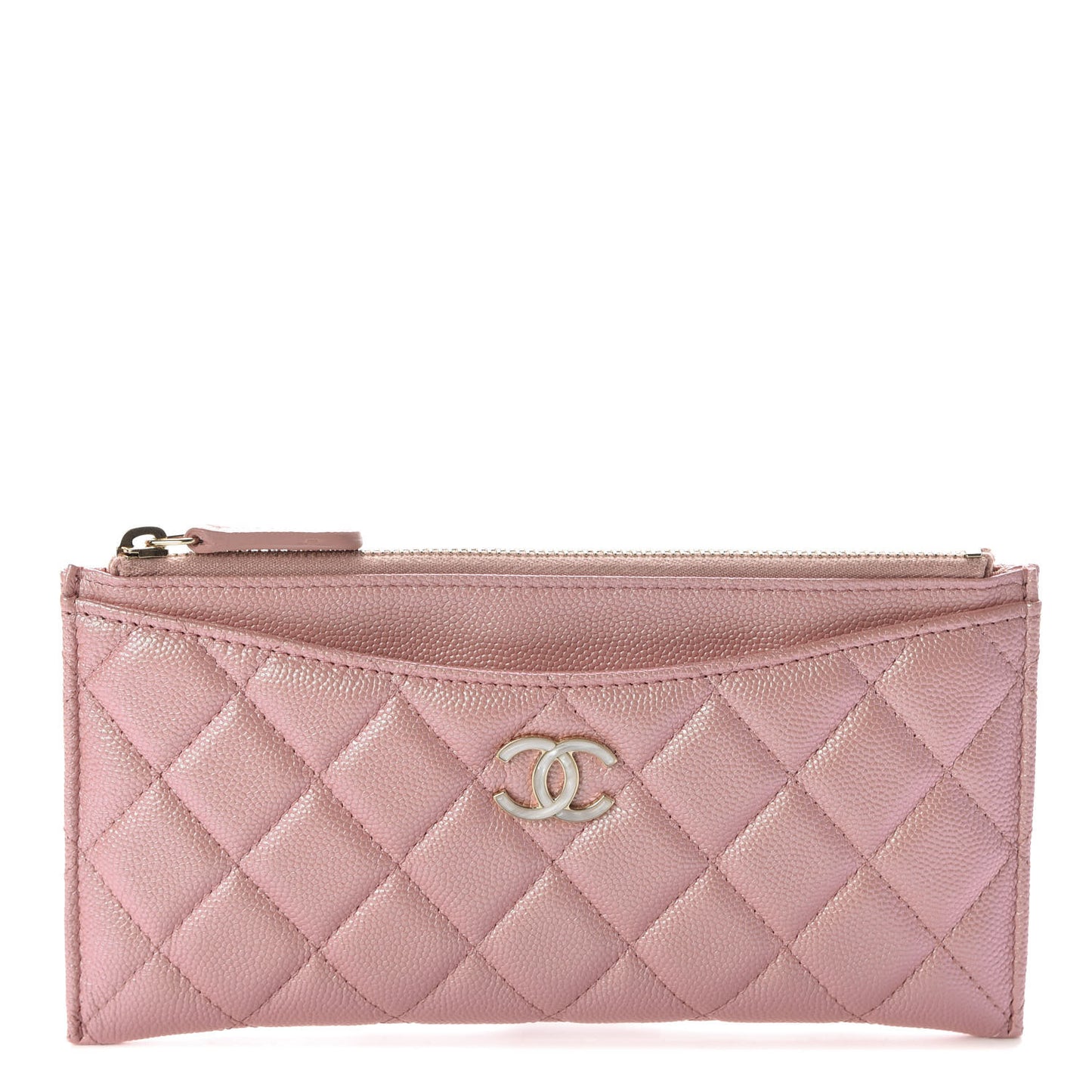 Iridescent Caviar Quilted Classic Zip Pouch Rose Pink