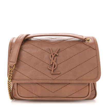 Saint Laurent Crinkled Calfskin Matelasse Monogram Baby Niki Chain Satchel  Light Caramel 1 of 10