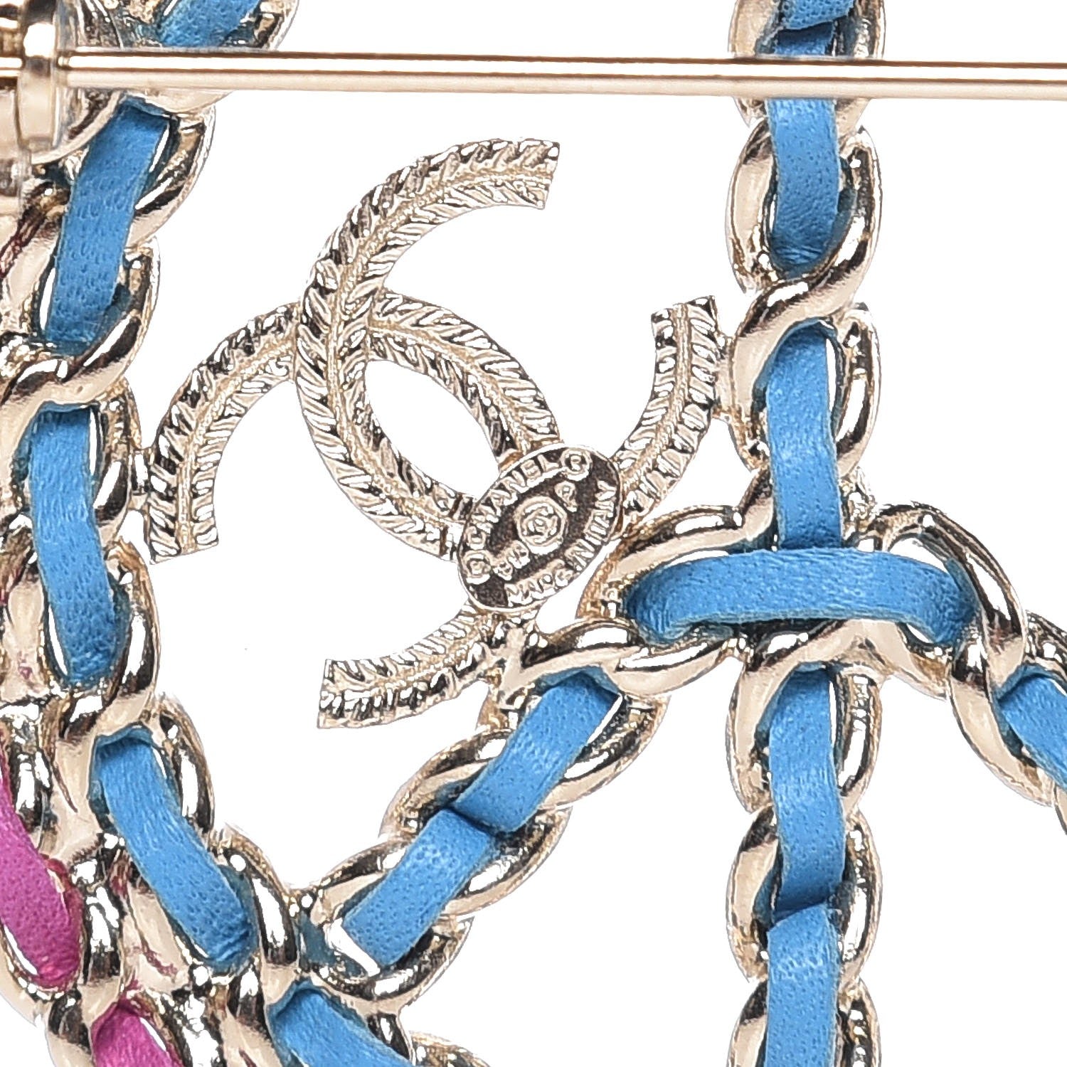 Chanel Metal Calfskin Braided Peace Sign CC Brooch Blue Purple Gold 4 of 5