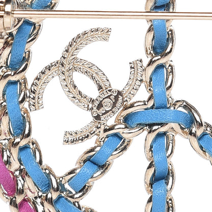Chanel Metal Calfskin Braided Peace Sign CC Brooch Blue Purple Gold 4 of 5