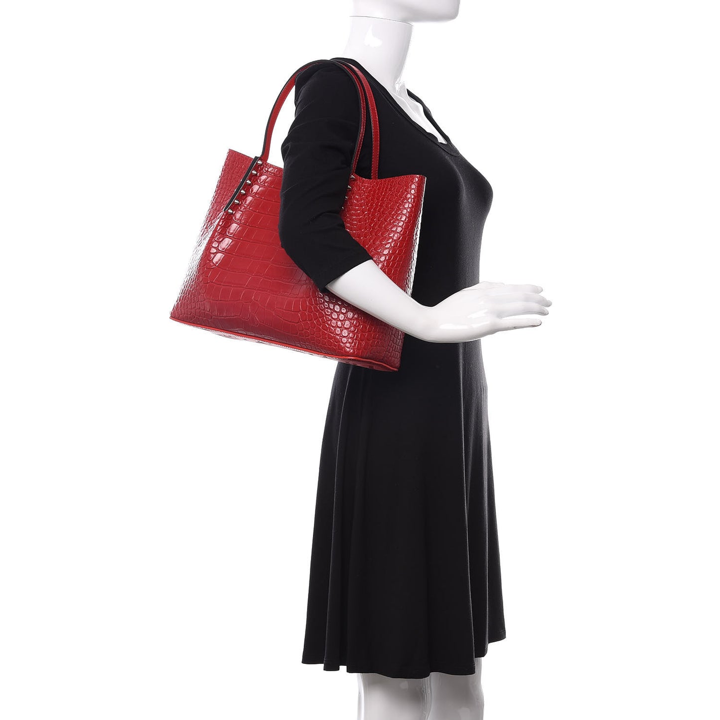 Crocodile Embossed Calfskin Spiked Small Cabarock Shopper Tote Red