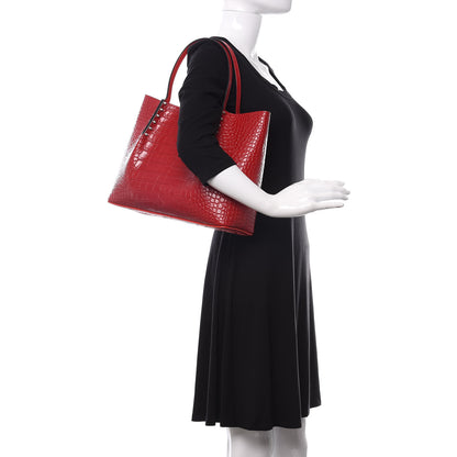 Christian Louboutin Crocodile Embossed Calfskin Spiked Small Cabarock Shopper Tote Red 2 of 9