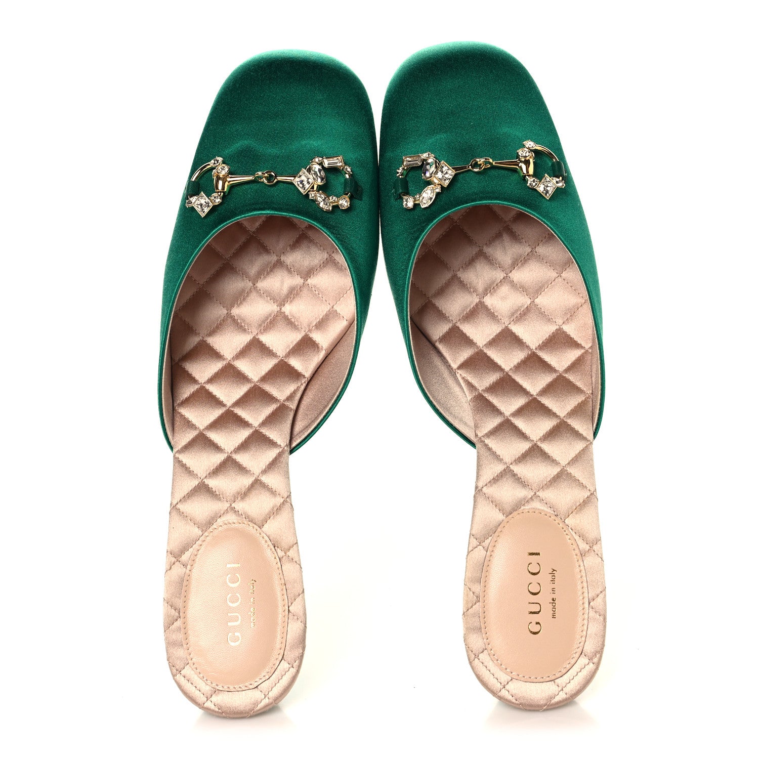 Gucci Silk Satin Crystal Embellished Horsebit Mules 38.5 Shamarock Emerald 2 of 9