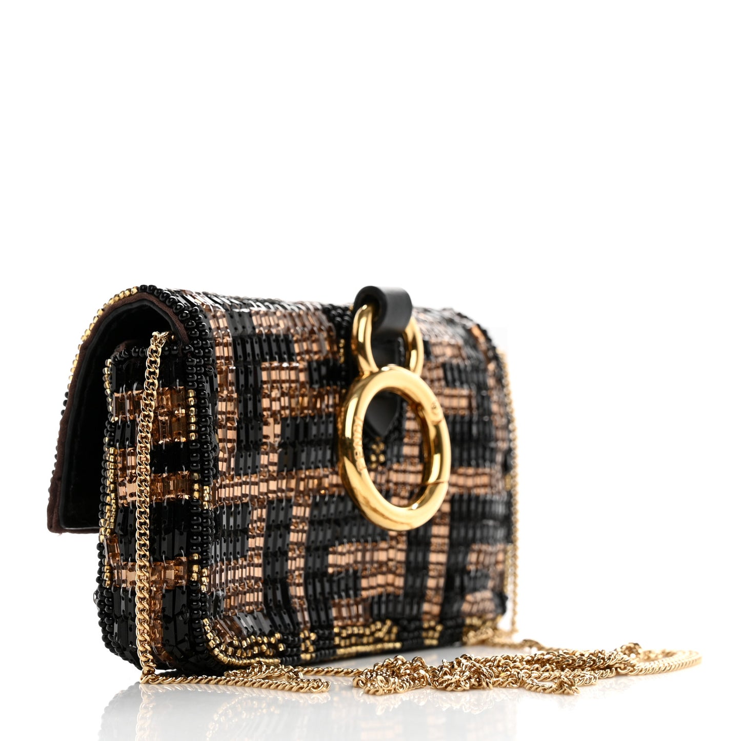 Crystal Vitello King FF Beaded Nano Baguette Charm Moro Black