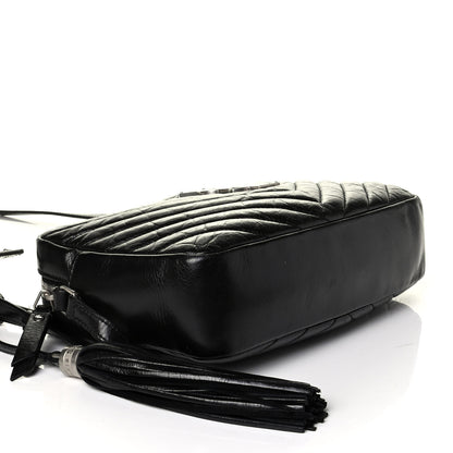 Saint Laurent Cracked Shiny Calfskin Matelasse Monogram Lou Camera Bag Black 3 of 9